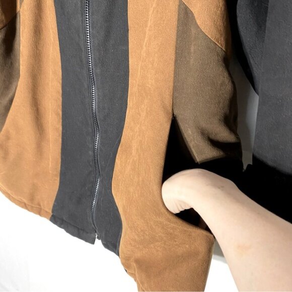 Vintage Luba Brown Black Faux Suede Colour Block Coat W Faux Fur Trim XL - Picture 13 of 16